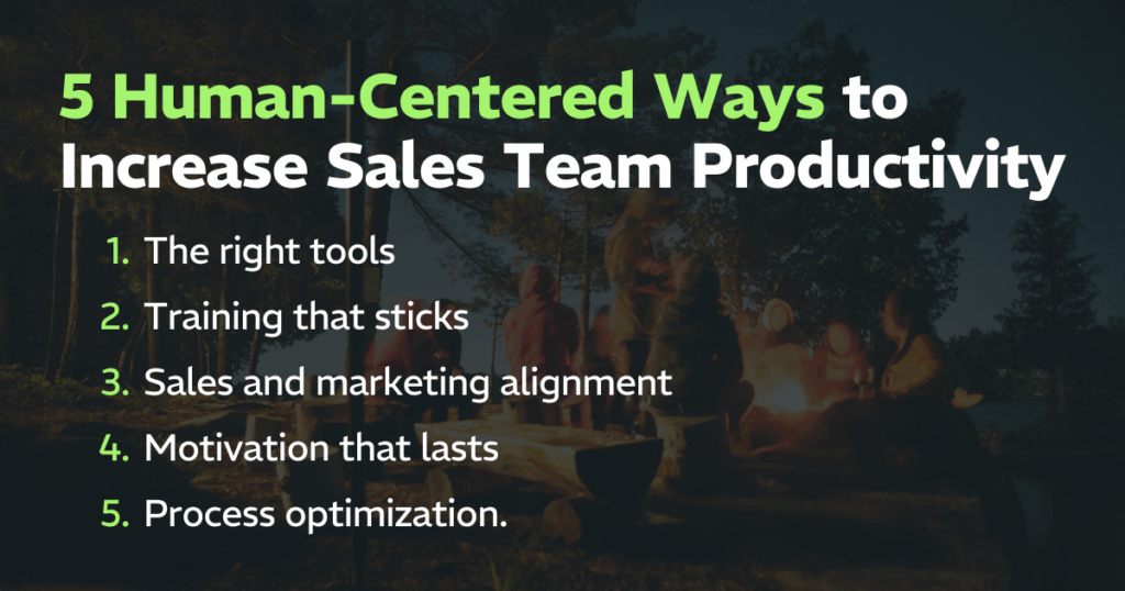 5 Human-Centered Ways to Boost Sales Team Productivity
The right tools
Training that sticks
Sales and marketing alignment
Motivation that lasts
Process optimization.
