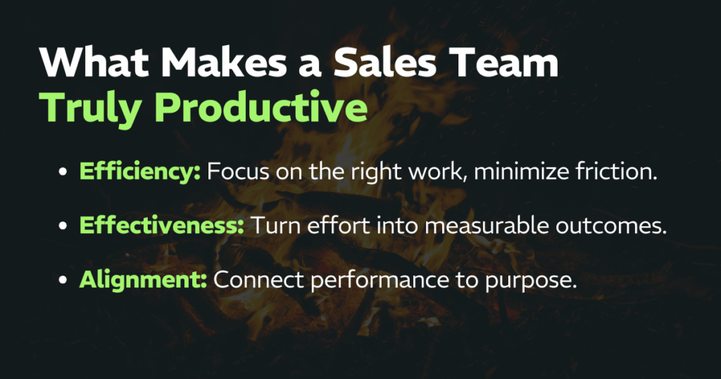 What Makes a Sales Team Productive? Efficiency: Focus on the right work, minimize friction.
Effectiveness: Turn effort into measurable outcomes.
Alignment: Connect performance to purpose.