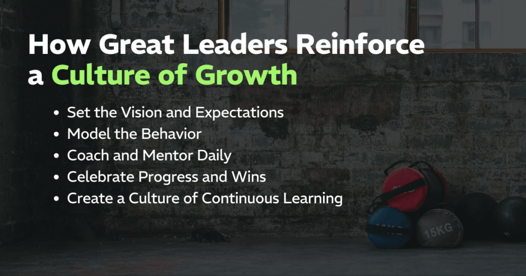 How Great Leaders Reinforce a Culture of Growth: 
Set the Vision and Expectations, Model the Behavior, Coach and Mentor Daily, Celebrate Progress and Wins, and Create a Culture of Continuous Learning
