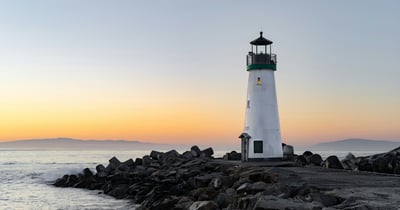 A lighthouse on the edge of an ocean with a view of a sunset.