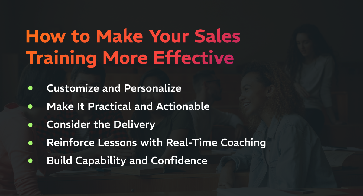 Graphic outlining how to make sales training more effective: Customize and Personalize, Make It Practical and Actionable, Consider the Delivery, Reinforce Lessons with Real-Time Coaching, and Build Capability and Confidence.