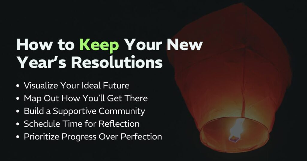 How to Keep Your New Year’s Resolutions:
Visualize Your Ideal Future
Map Out How You’ll Get There
Build a Supportive Community
Schedule Time for Reflection
Prioritize Progress Over Perfection