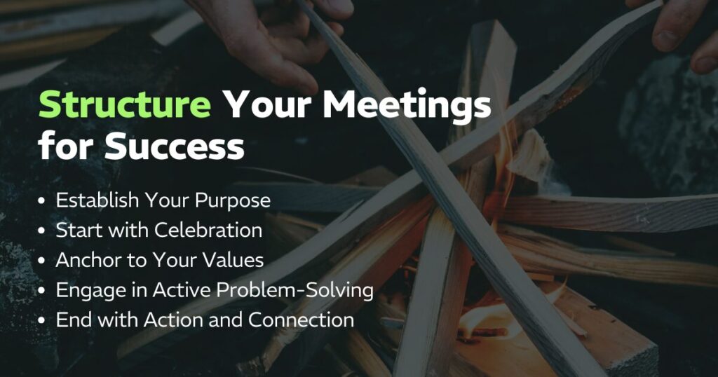 Structure Your Meetings for Success:
Establish Your Purpose
Start with Celebration
Anchor to Your Values
Engage in Active Problem-Solving
End with Action and Connection